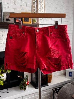KanCan Red Distressed Denim Shorts Size Small